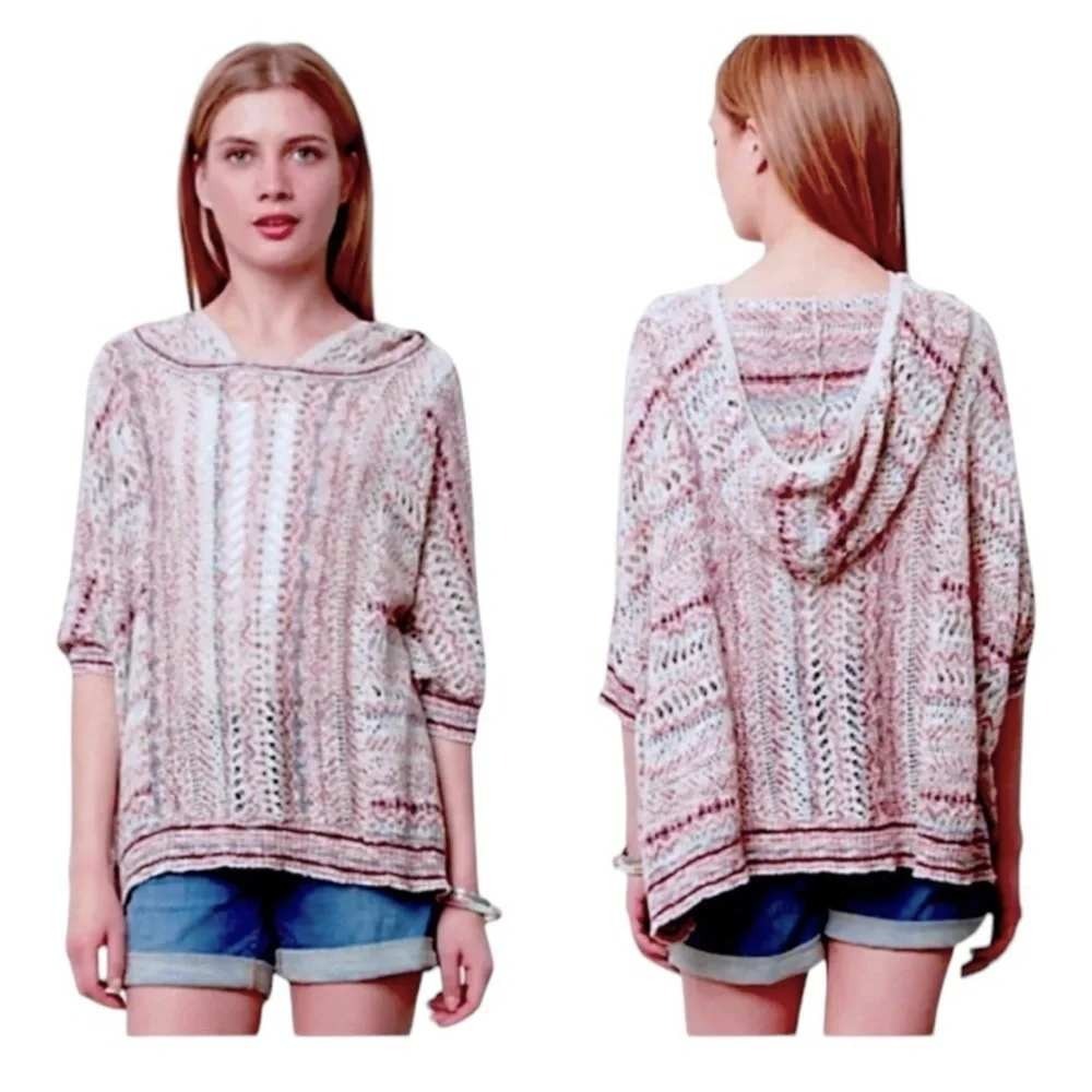 Moth Anthropologie Hooded Poncho Sweater SM Pink Blue Cotton Linen Loose Knit